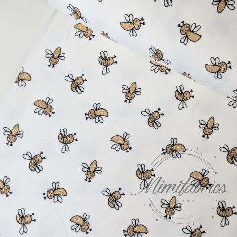 Gold Glitter Bees on White Cotton Jersey Fabric
