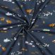 Cows, ducks pigs and tractors on blue cotton fabric. Farm scene print