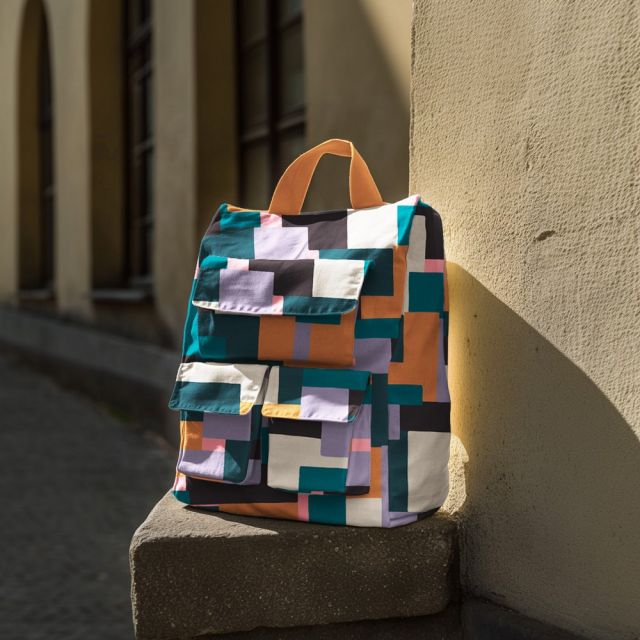 Cotton Canvas - Abstract Shapes Teal/Salmon/Brown