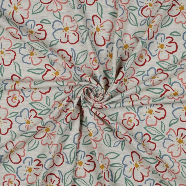 Cotton Jersey Fabric - Flower Outlines Coral/Green on Light Grey Melange