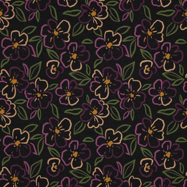 Cotton Jersey Fabric - Flower Outlines Purple/Green on Charcoal Melange