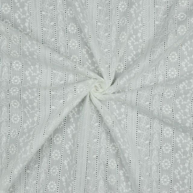 Embroidered Cotton Fabric -Floral Lines on White