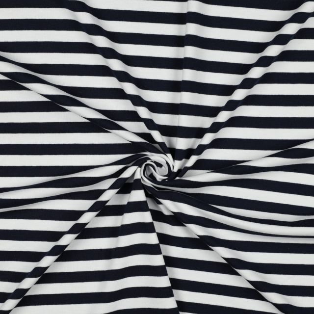 Cotton Jersey Fabric with Yarnd Dyed Stripes 10mm Blue/White