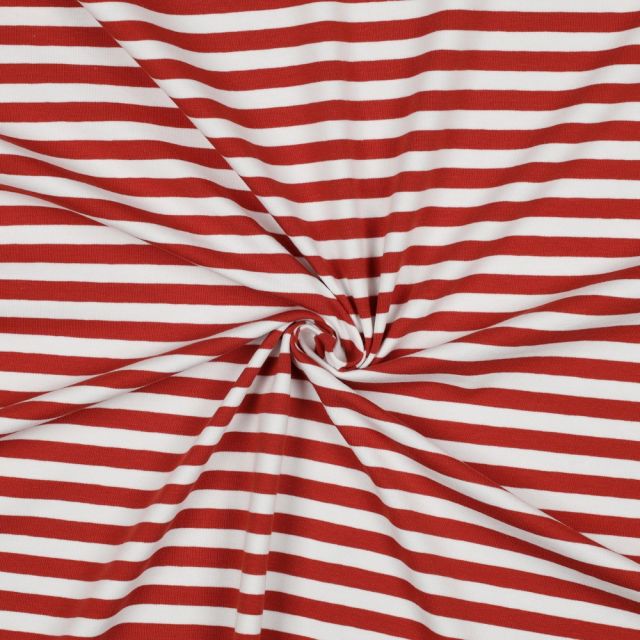 Cotton Jersey Fabric with Yarn Dyed Stripes 10mm Brick/White