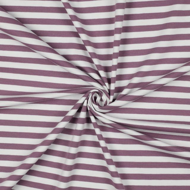 Cotton Jersey Fabric with Yarnd Dyed Stripes 10mm White/Purple