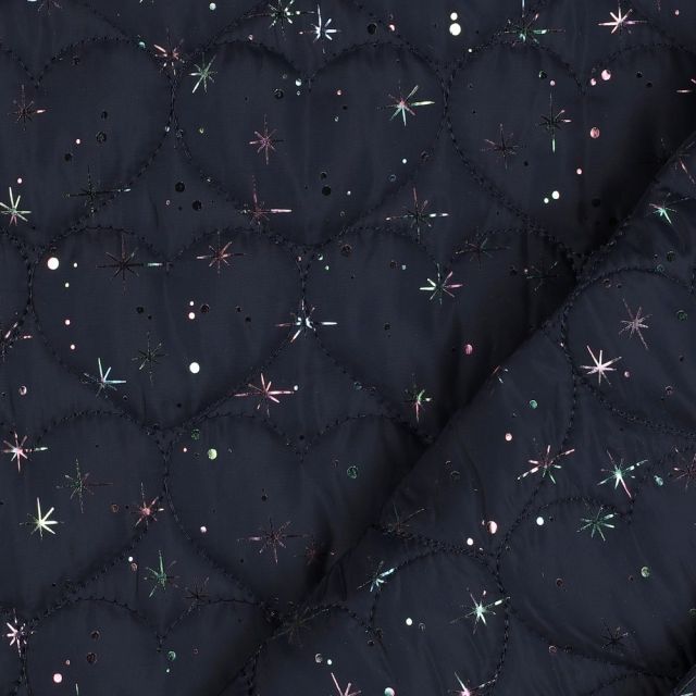BOLT END - 120CM - Heart Quilted Nylon Fabric with Padding - Dark Blue with Rainbow Foil Stars