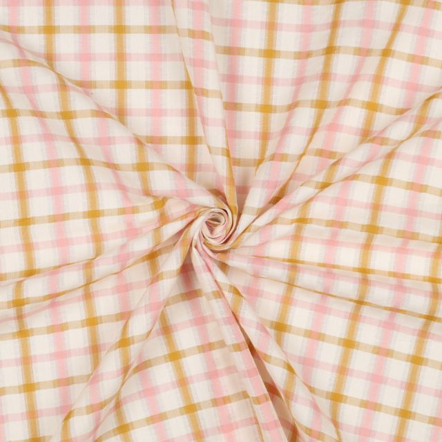 Cotton Seersucker with Checks - White/Pink/Ochre