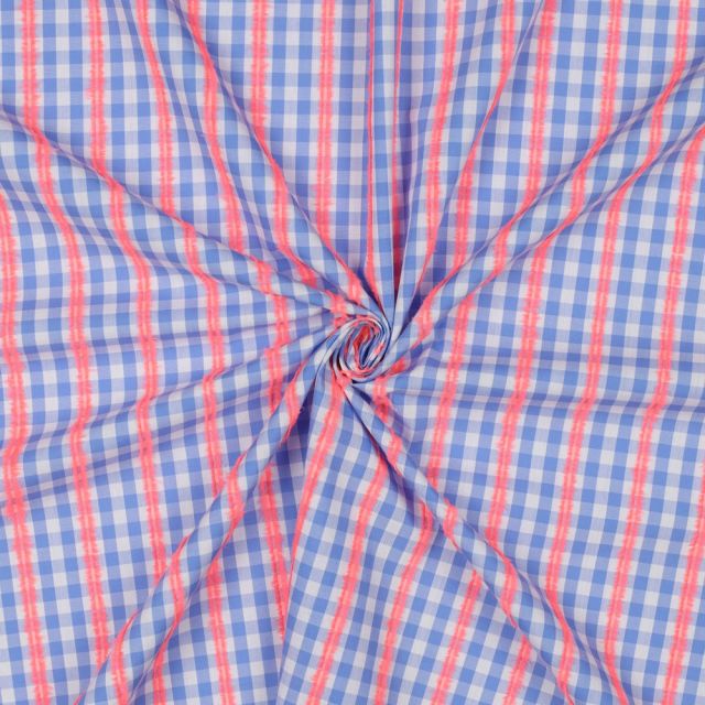 Cotton Voile Dobby - Blue Gingham with Neon Pink