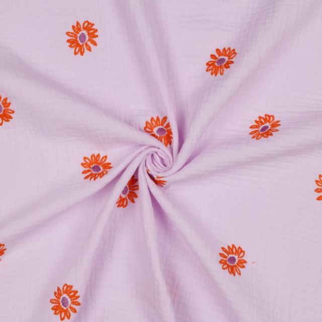 Double Gauze - Lilac with Orange Flower Embroidery
