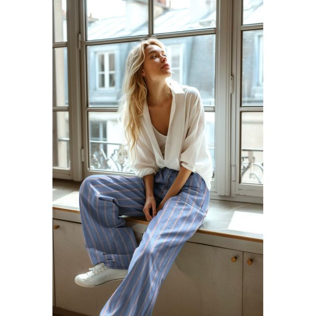 Lightweight Striped Denim in Blue with Red Pinstripe