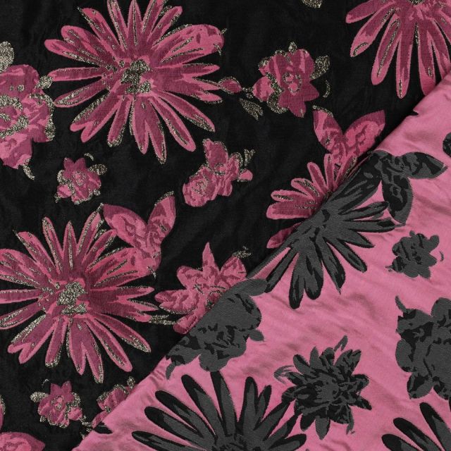 Woven Jacquard - Pink Flowers on Dark Background
