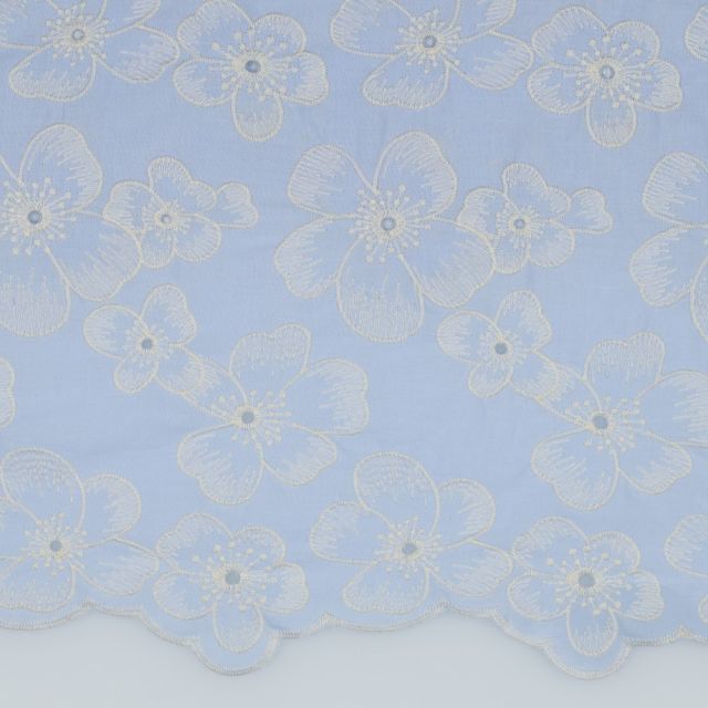 Embroidered Cotton Fabric - Light Blue with White Flowers (Double Sided Scalloped Selvage)