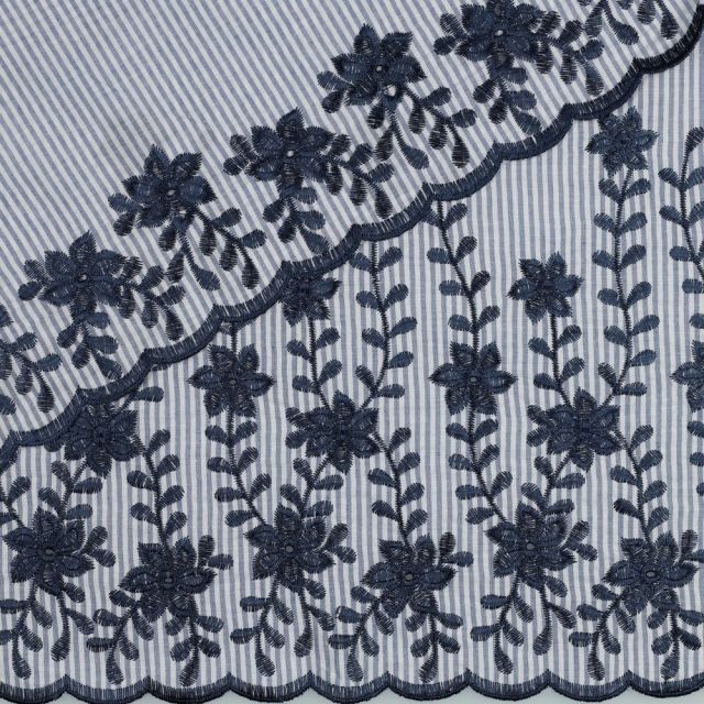 Cotton Poplin - Blue and White Stripes with floral border embroidery
