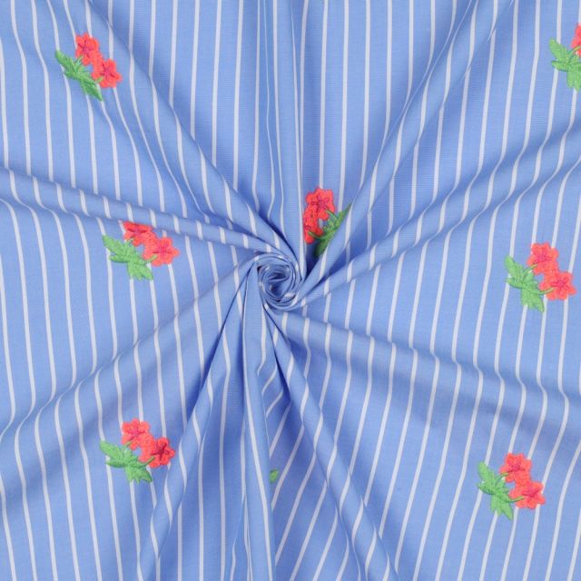 Cotton Poplin - Vertical Stripes Blue/White with Flower Embroidery