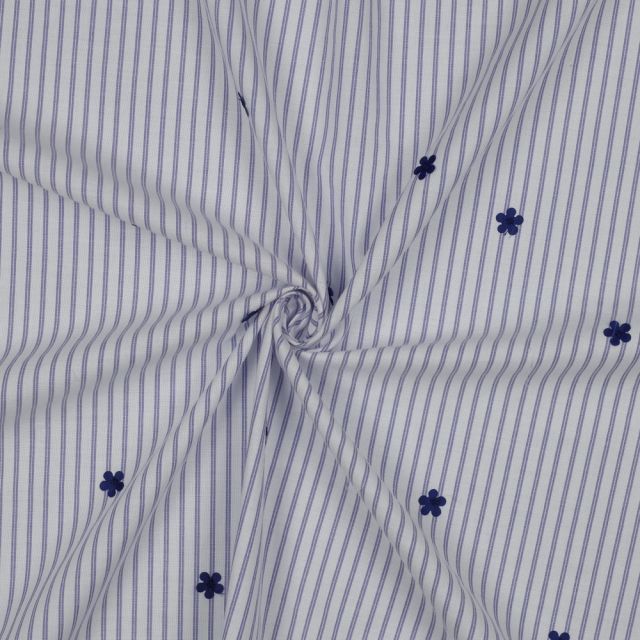 Cotton Poplin - Vertical Stripes Blue/White with Flower Applique