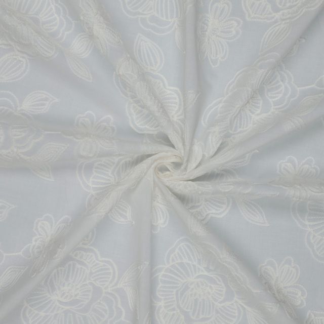 Embroidered Cotton Poplin - White Floral on White