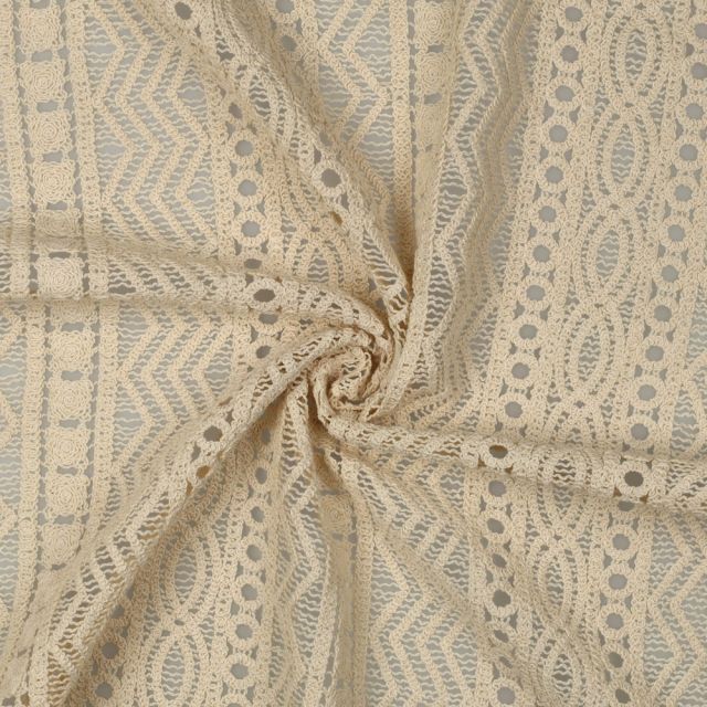 Crochet Look Fabric - Vertical Geometric Pattern Bands - Natural