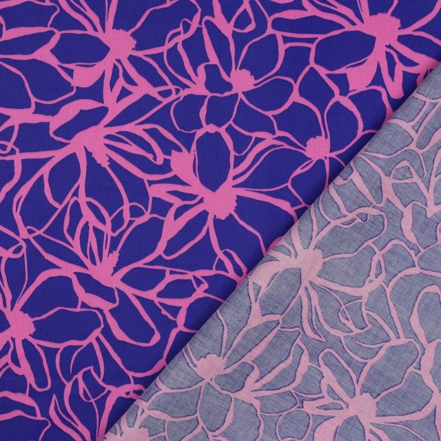 "Magnolia" Pink flowers on Cobalt Blue by Nerida Hansen - Cotton Satin