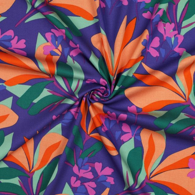 "Spring Garden" on Purple Colored Background by Nerida Hansen - Viscose Stretch Twill