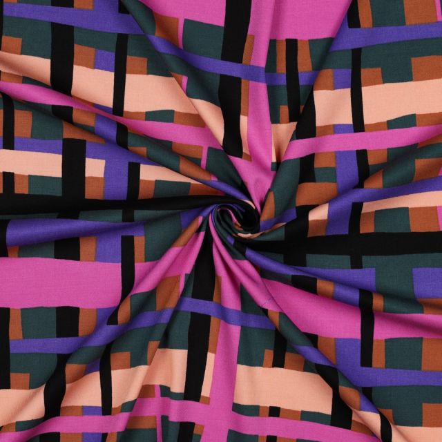 "Line Layers" Purple/Pink/Green/Apricot (21) by Nerida Hansen - Viscose Stretch Twill