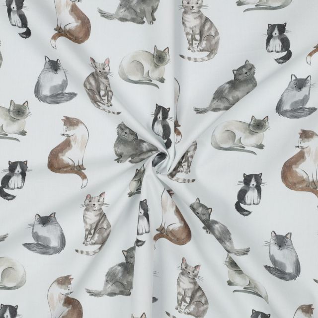 Cotton Poplin Fabric - Cats on White
