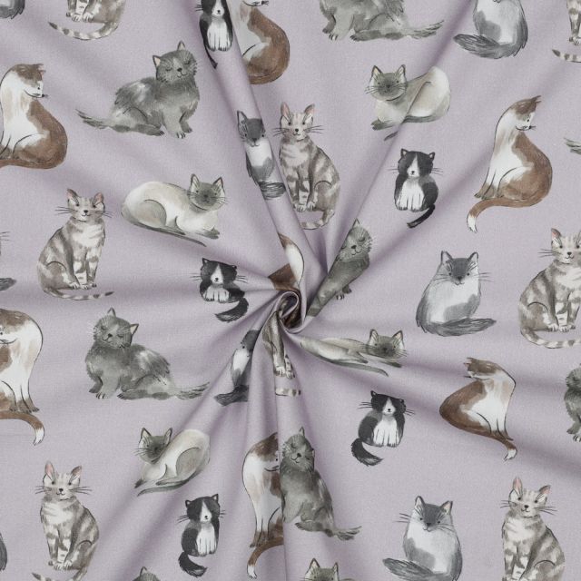 Cotton Poplin Fabric - Cats on Lilac