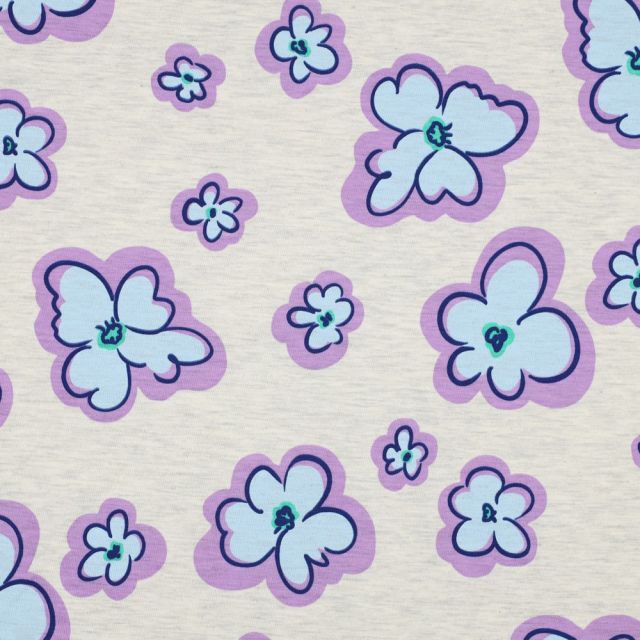 Cotton Jersey Fabric - Blue and Purple Flowers on Ecru Melange