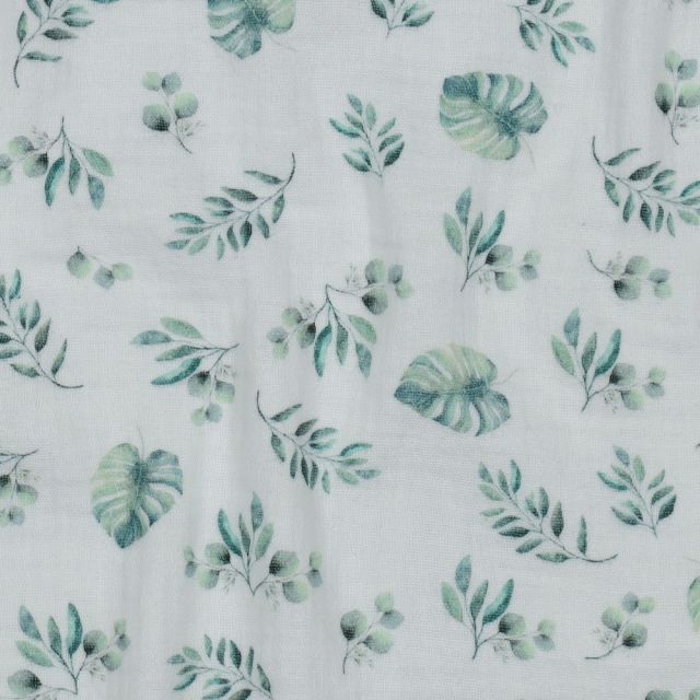 Double Gauze - Small Scale Leaves on White 100% Organic Cotton