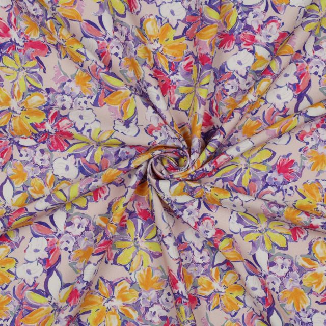 Lenzing Ecovero Challis -Painted Flowers in Pink and Yellow