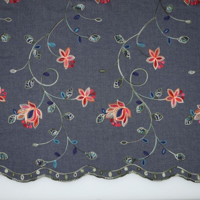 Chambray Denim Blue with Red/Pink Flower Embroidery and Scalloped Edge