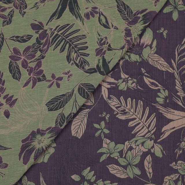 Double Gauze with Jacquard weave floral design - Purple/Green/Taupe