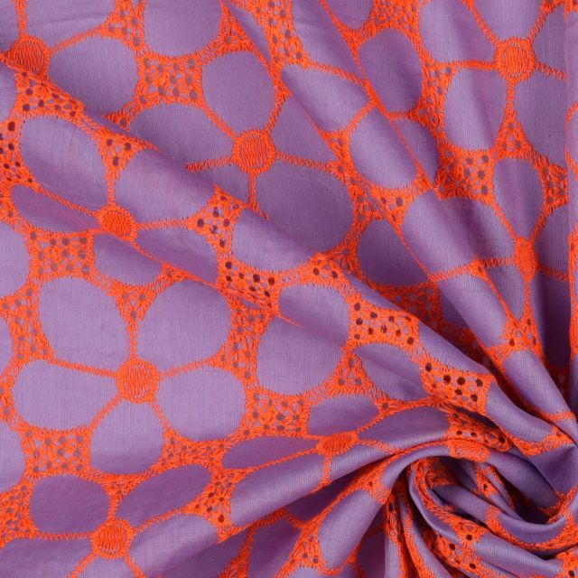 Embroidered Cotton Floral - Lilac and Neon Orange