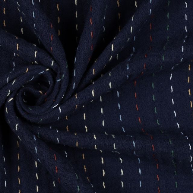 Embroidered Double Gauze - Dark blue with colored stripes