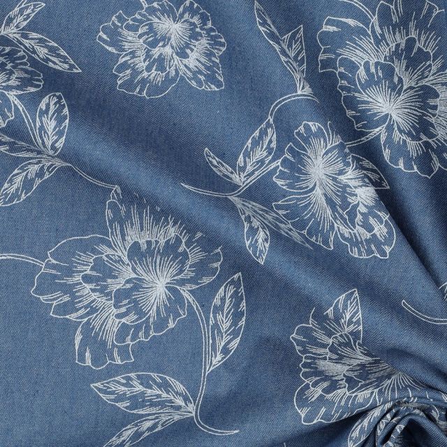 Chambray Denim Blue with white linework flower print