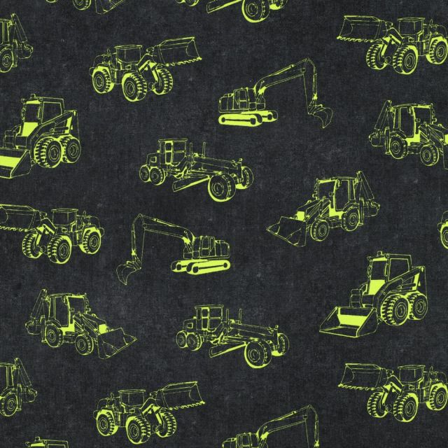 Cotton Jersey Fabric - Construction Vehicles Yellow on Grey