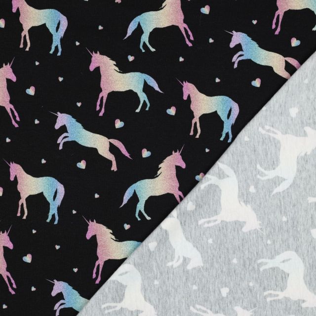 Cotton Jersey Fabric - Rainbow Unicorns and Hearts on Black