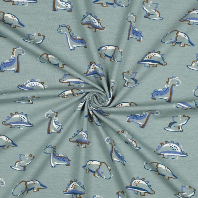 Organic Cotton Jersey Fabric - Little Dinos on Sage