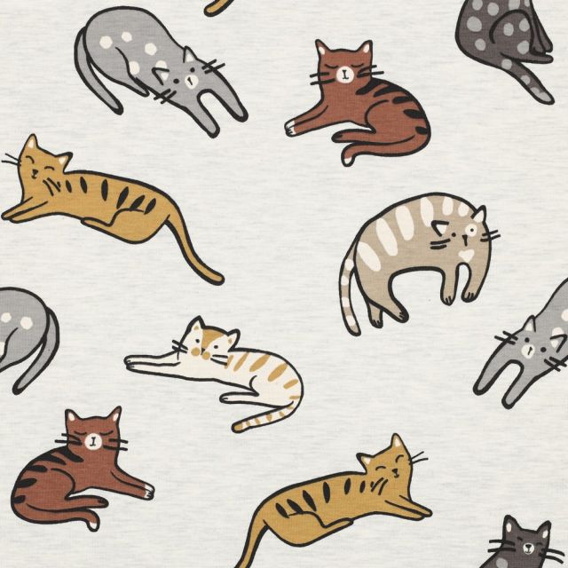 Cotton Blend Jersey Fabric - Cats on Heathered Ecru Col.001
