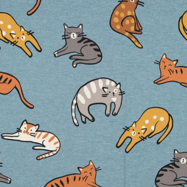 Cotton Blend Jersey Fabric - Cats on Heathered Blue Col.032