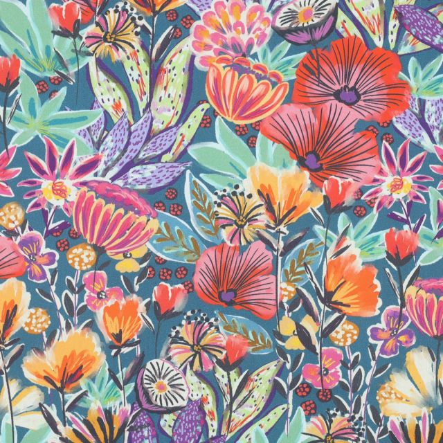 Fine Cotton Poplin Fabric "Wildflowers" - Teal Background