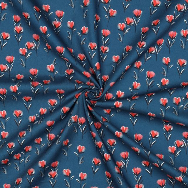 Cotton Poplin Fabric with red flower print on blue background