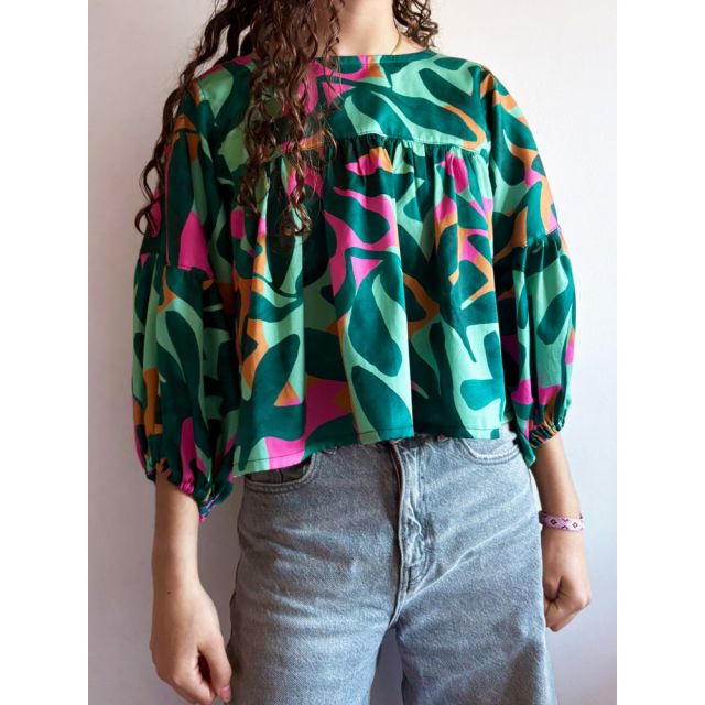 Cotton Satin "Leaves" - Green/Pink/Orange