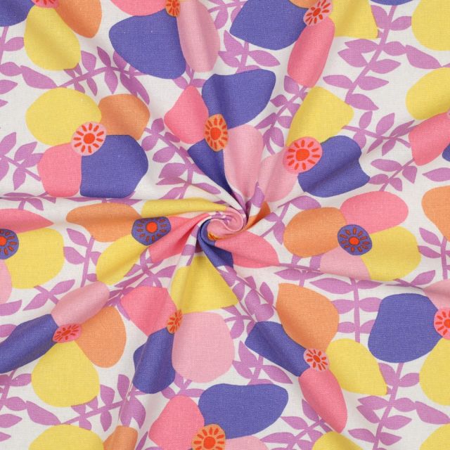 Linen Viscose Blend Fabric "Lema Poppies" by Nerida Hansen - Pink/Purple/Orange/Yellow
