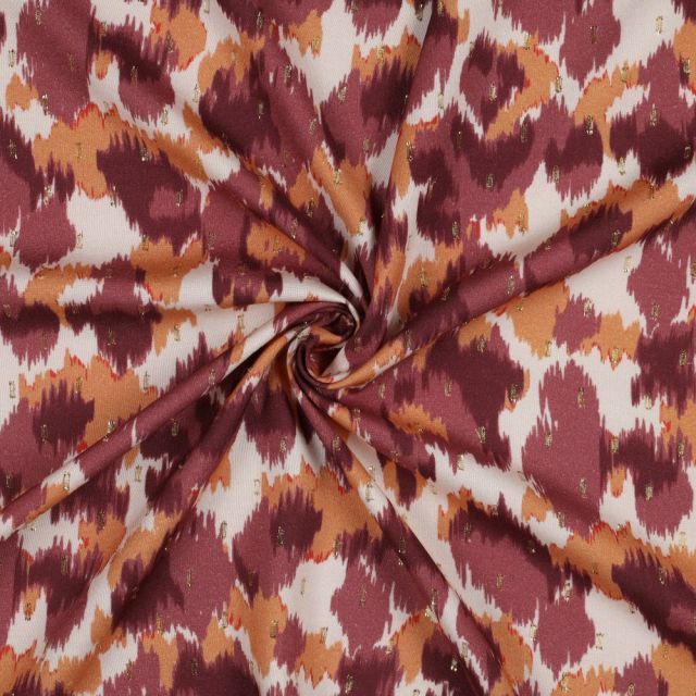 Viscose Challis - Abstract Watercolor Light Burgundy and Dark Apricot with Gold Metallic Dashes
