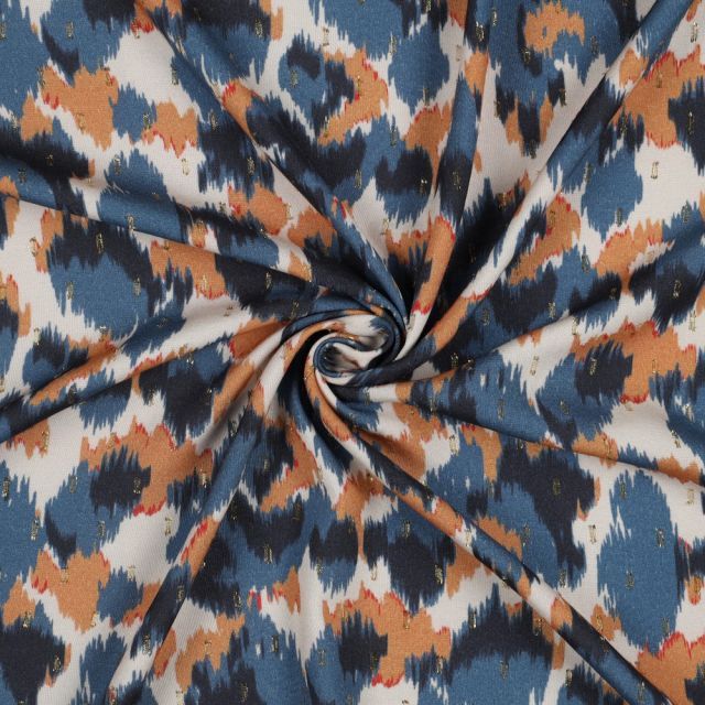 Viscose Challis - Abstract Watercolor Petrol and Dark Apricot with Gold Metallic Dashes