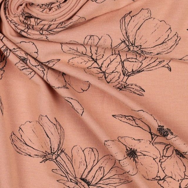 Bamboo Cotton Blend Jersey with Flower Outlines - Peach