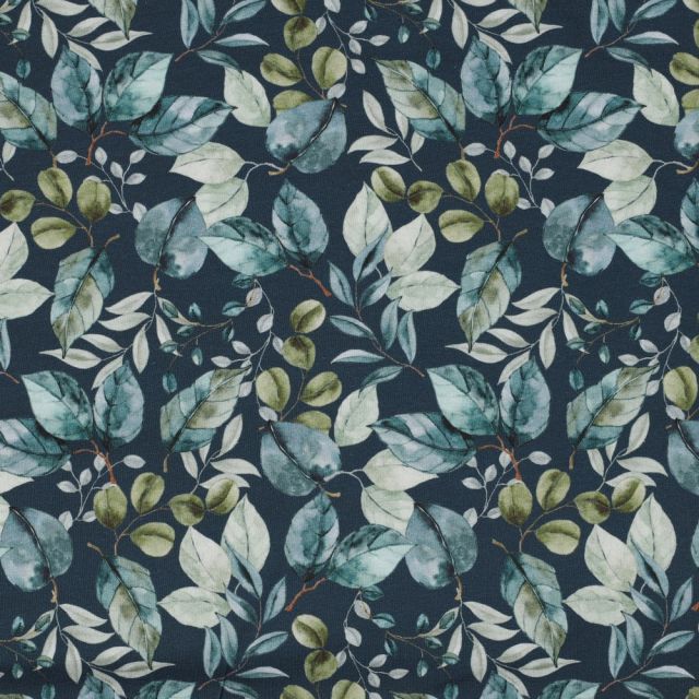 Botanical Leaves on Teal - Cotton Jersey Fabric