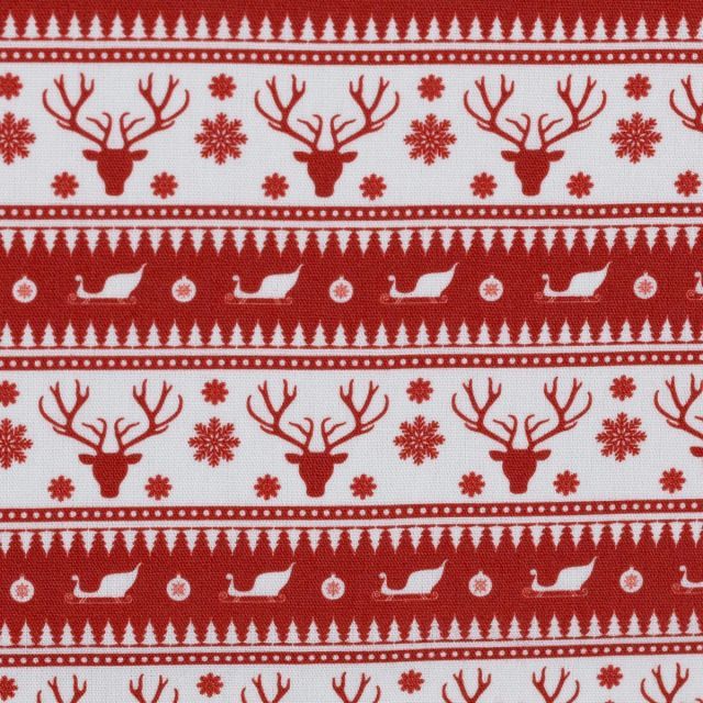 BOLT END - 150 CM - JOEL - Cotton Poplin - Deer and Sleighs Red and White