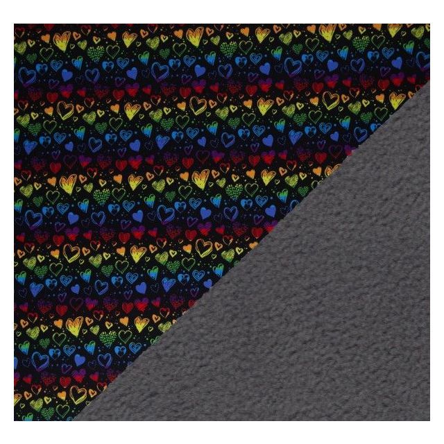 Nano Softshell - Rainbow Hearts on Black Background with Grey Fleece Lining
