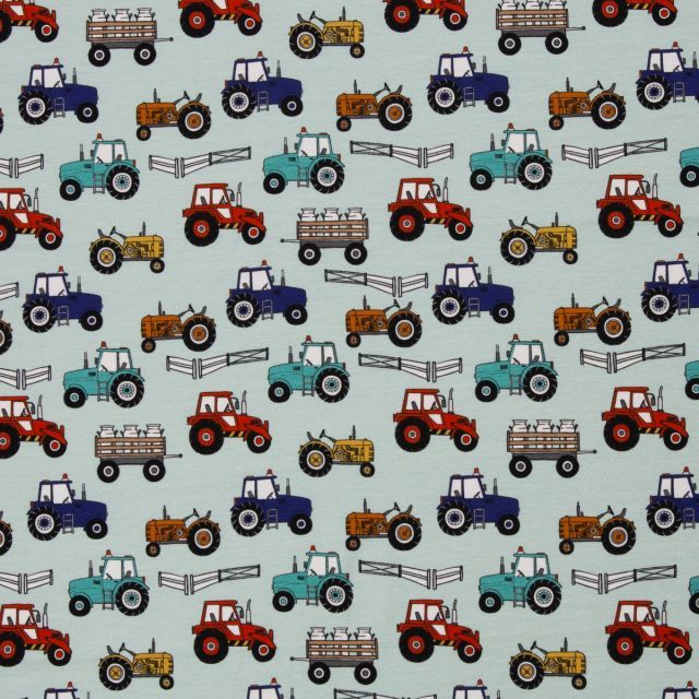 Cotton Jersey - Tractors on Mint Green by Swafing